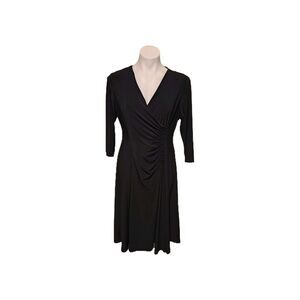 Evan Picone Women's Vintage Black 3/4 Sleeve V Neck Ruched Stretch Dress Size 12